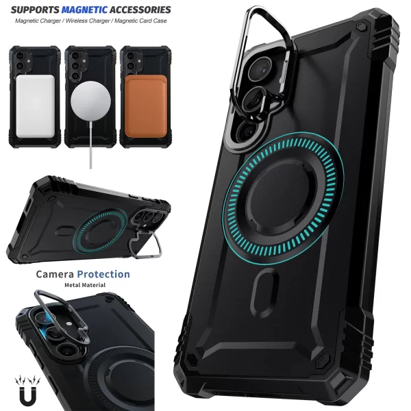 For Samsung Galaxy S25+ S25 Plus S25 5G Lens Stand Case Hybrid Shockproof Rugged Heavy Duty Phone Magnetic Cover Black - Image 2